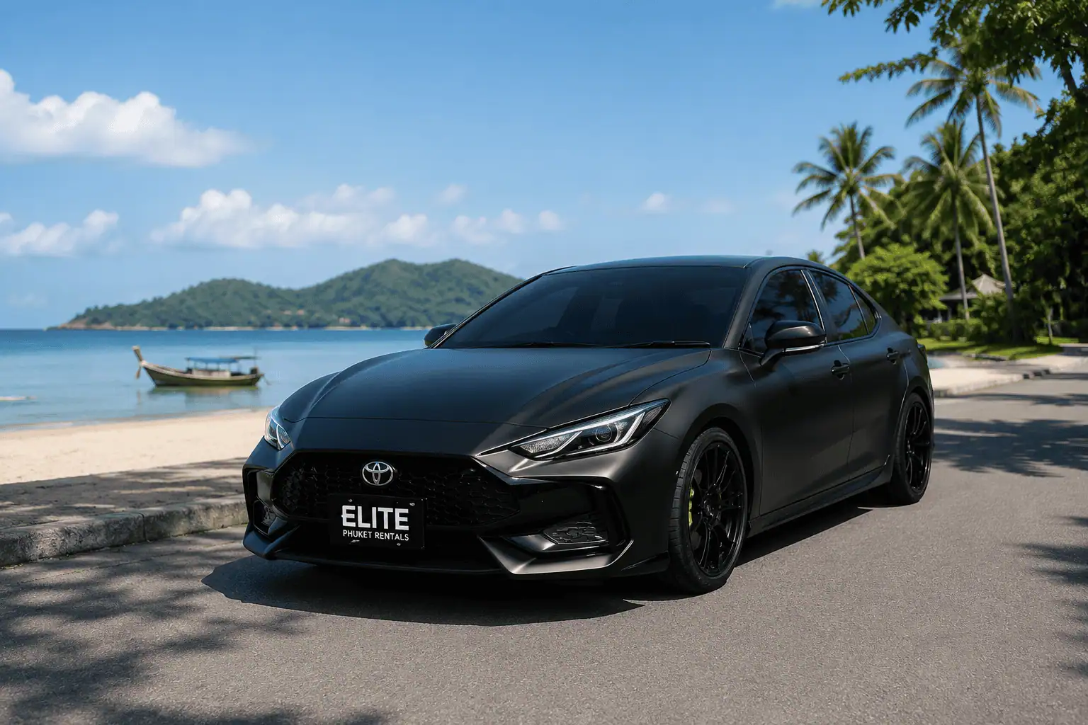 Toyota Camry hybrid in matte black on a Phuket coast road